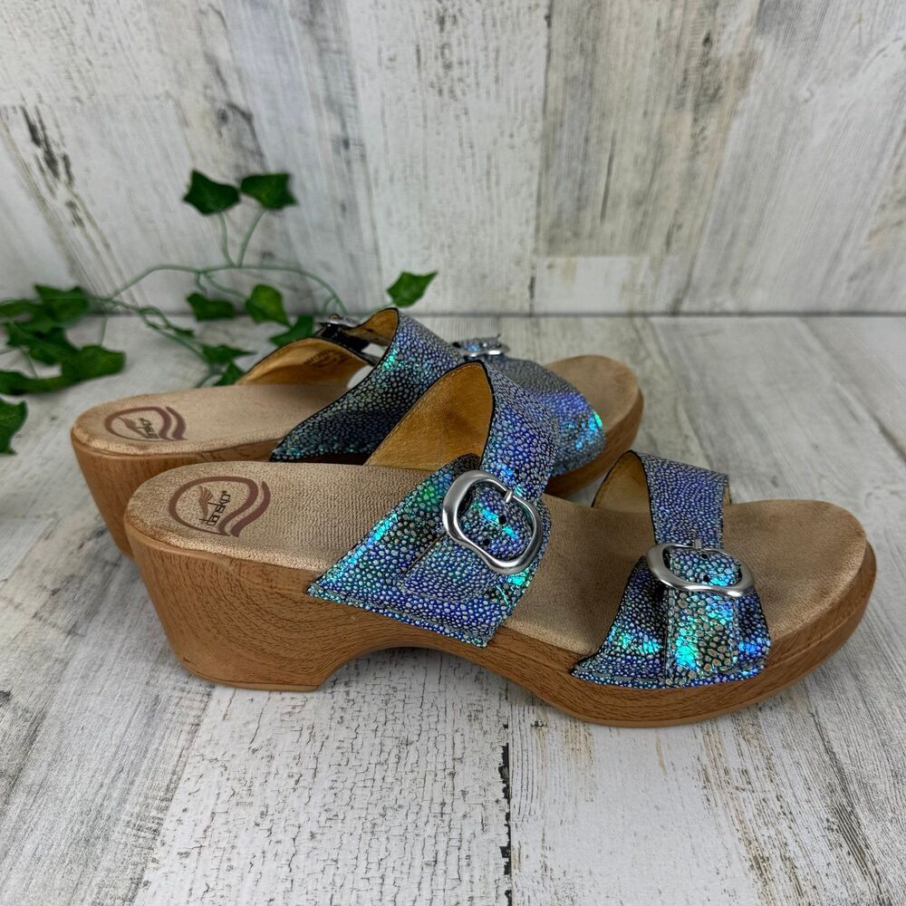 Dansko Size 41 Sophie Iridescent Blue Purple Double Strap Buckle Sandal - Picture 4 of 9